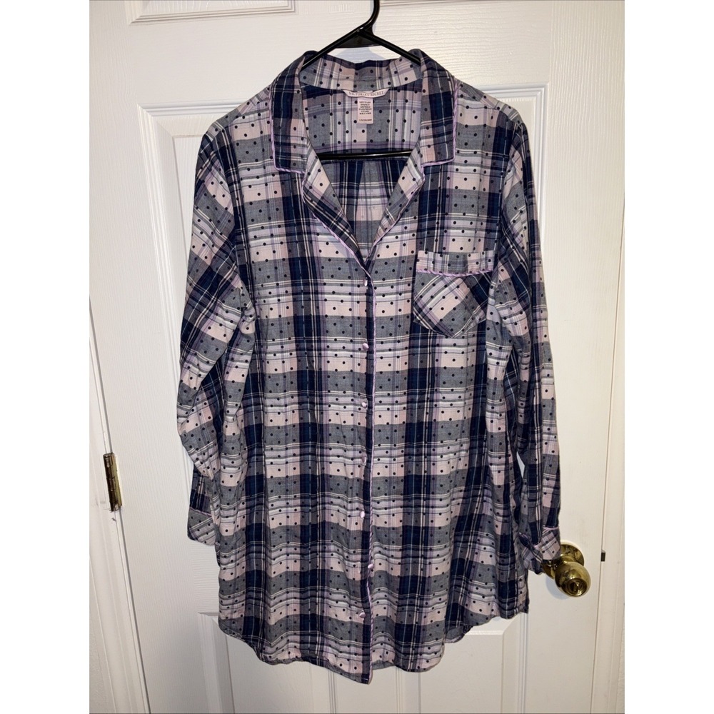 VICTORIA'S SECRET Plaid Nightgown Size Large Purple & Blue Textured Dot